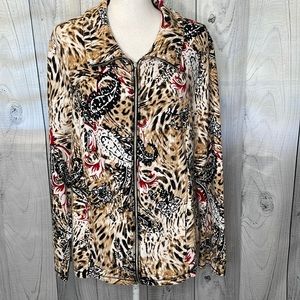 Chico's Leopard Print Bomber Jacket with Red Highlights